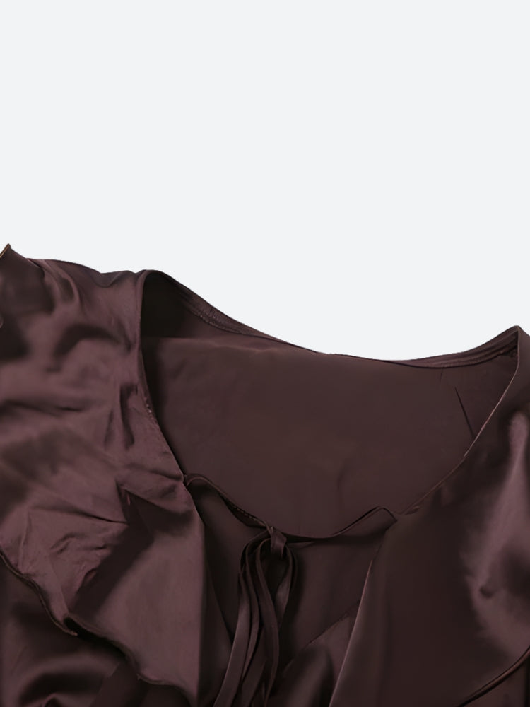Satin Ruffle V Neck Tie Front Bell Sleeve Tiered Ruffle Mini Dress