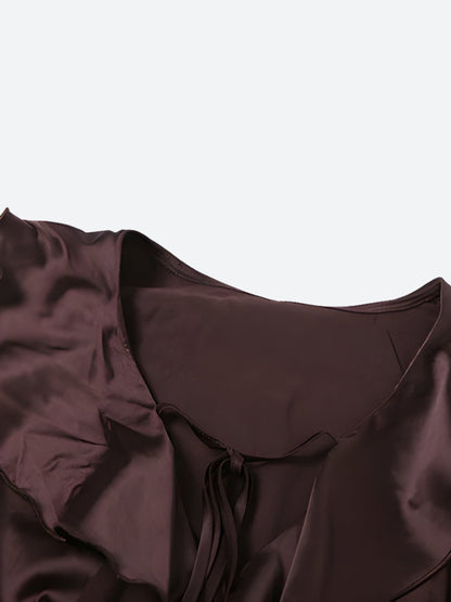 Satin Ruffle V Neck Tie Front Bell Sleeve Tiered Ruffle Mini Dress