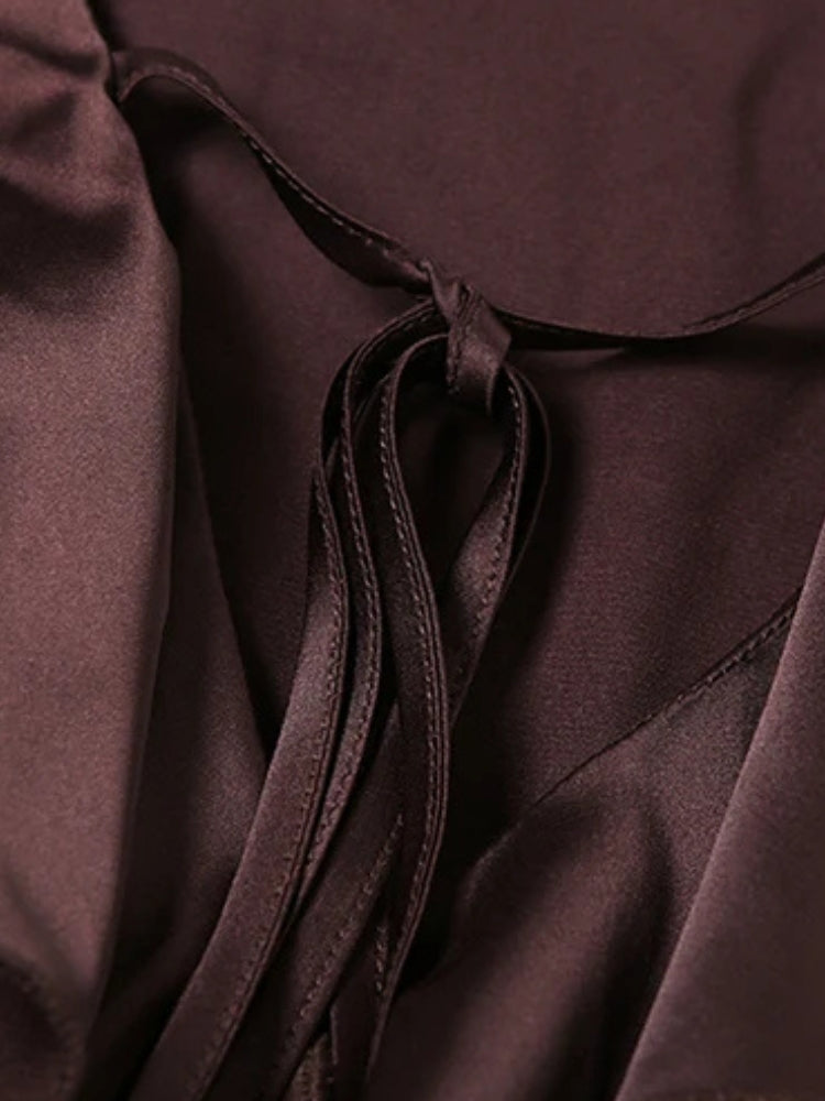 Satin Ruffle V Neck Tie Front Bell Sleeve Tiered Ruffle Mini Dress