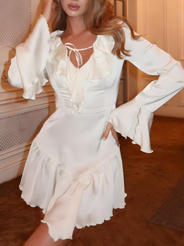 Satin Ruffle V Neck Tie Front Bell Sleeve Tiered Ruffle Mini Dress