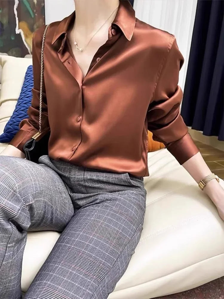 Satin Solid Long Sleeve Polo Neck Blouse
