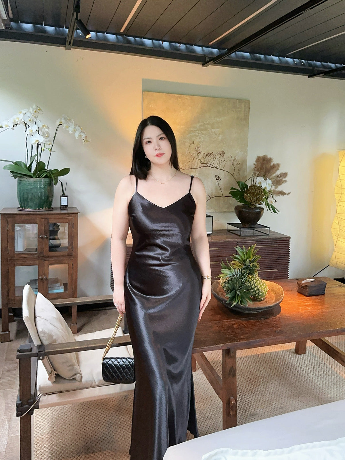 Satin Textured Bias-Cut Slip Dress