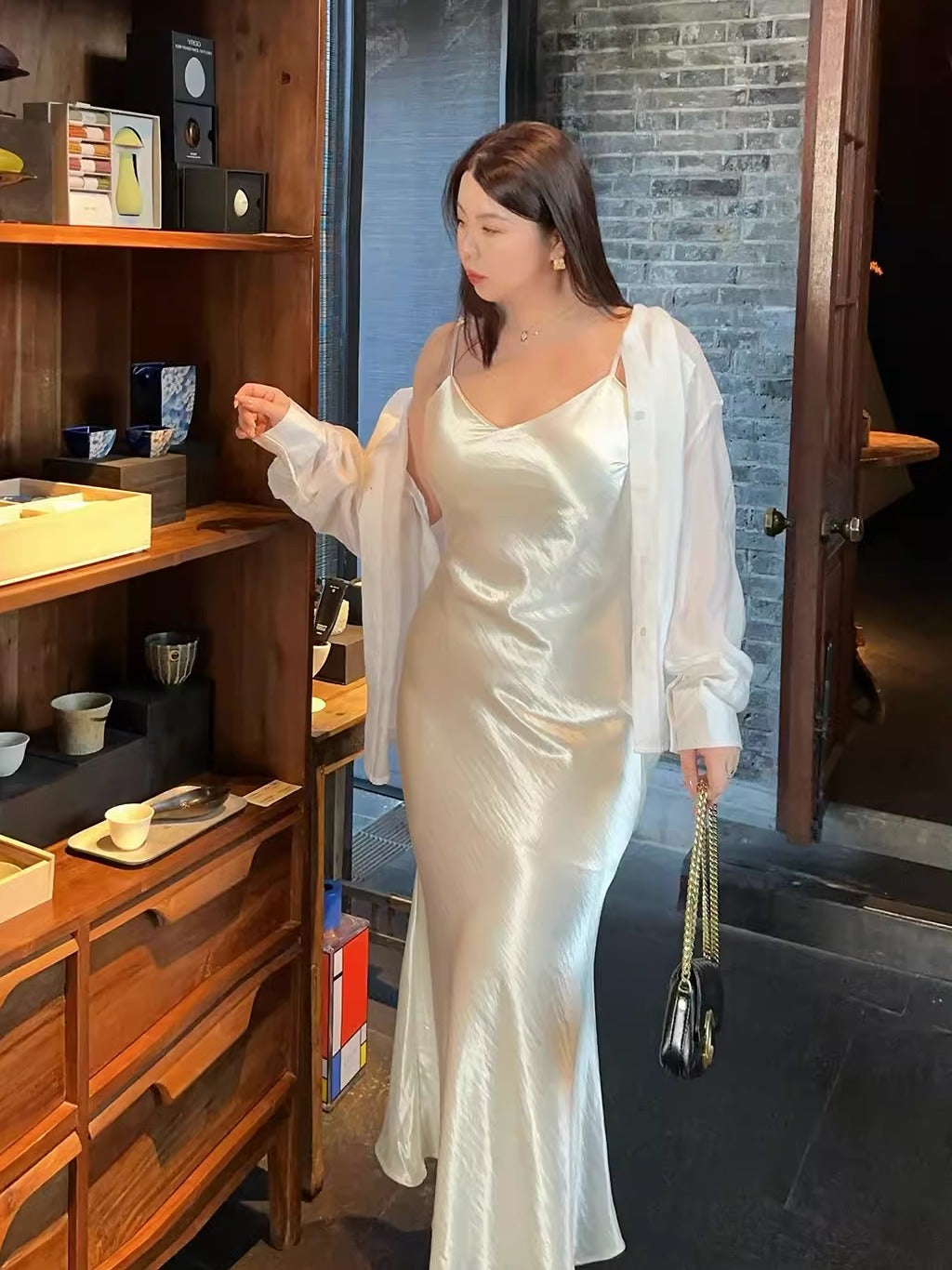 Satin Textured Bias-Cut Slip Dress
