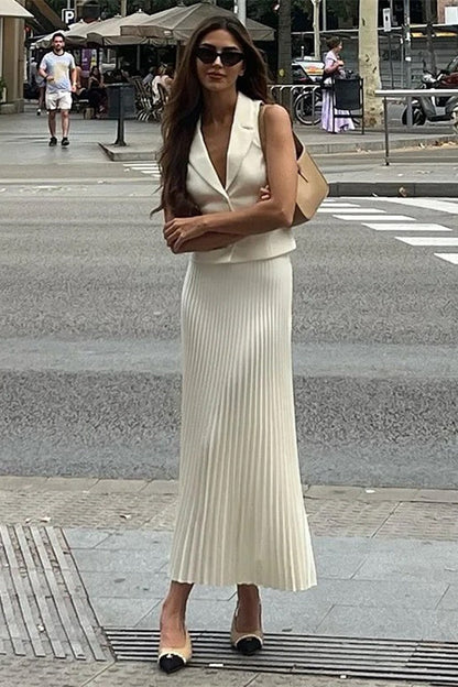 Renata V-neck Pleated Skirt Set