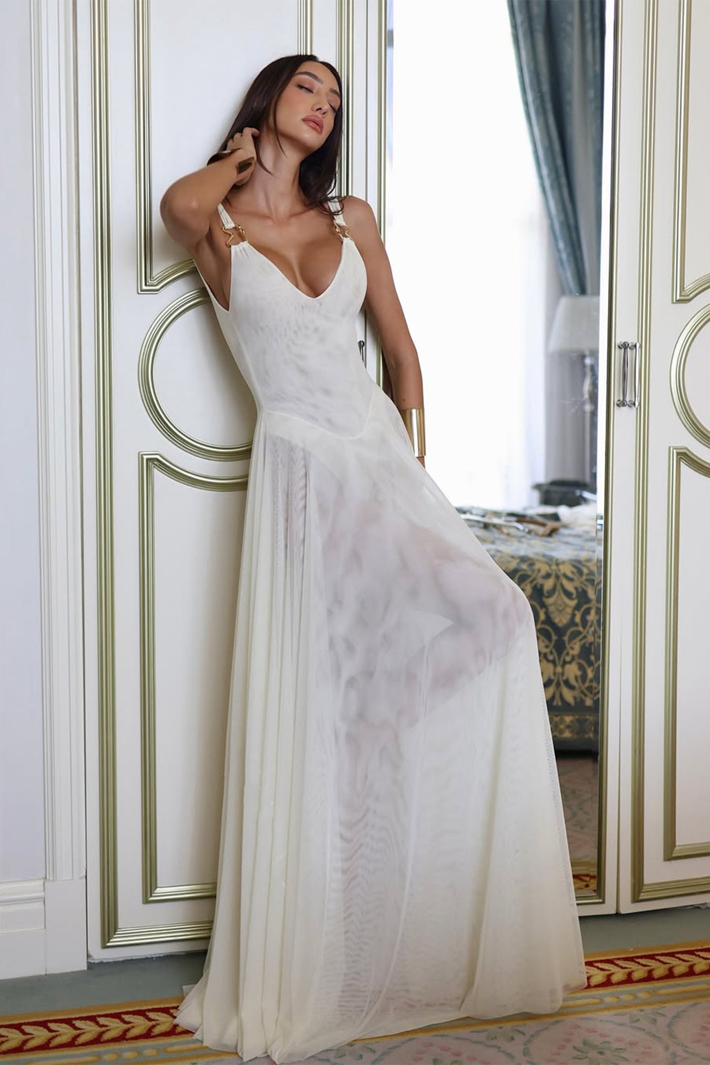 Julie Plunge Neck Semi-sheer Mesh Maxi Dress