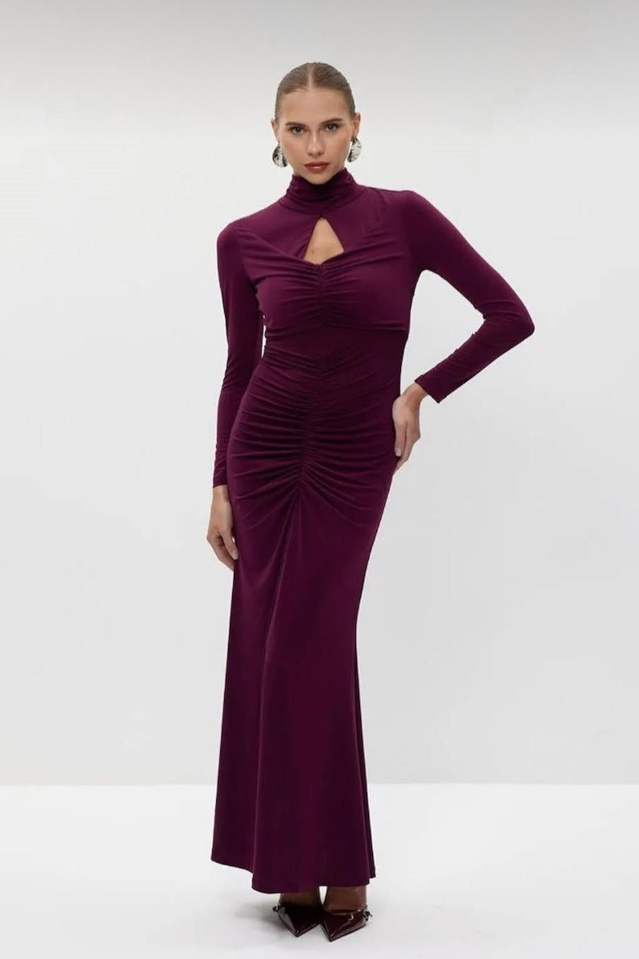 Sabrina Cut Out Ruched Ruffle Maxi Dress