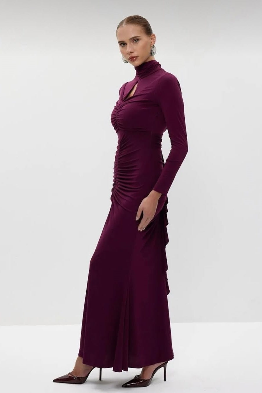 Sabrina Cut Out Ruched Ruffle Maxi Dress
