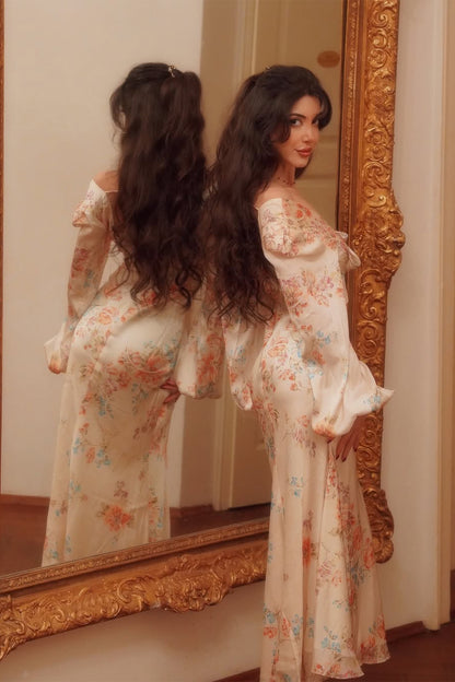 Melissa Floral Print V-Neck Satin Maxi Dress