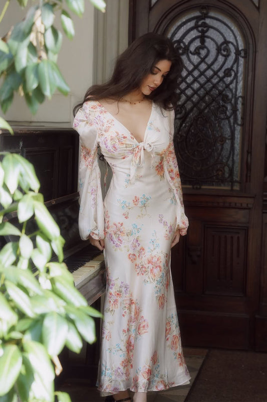 Melissa Floral Print V-Neck Satin Maxi Dress