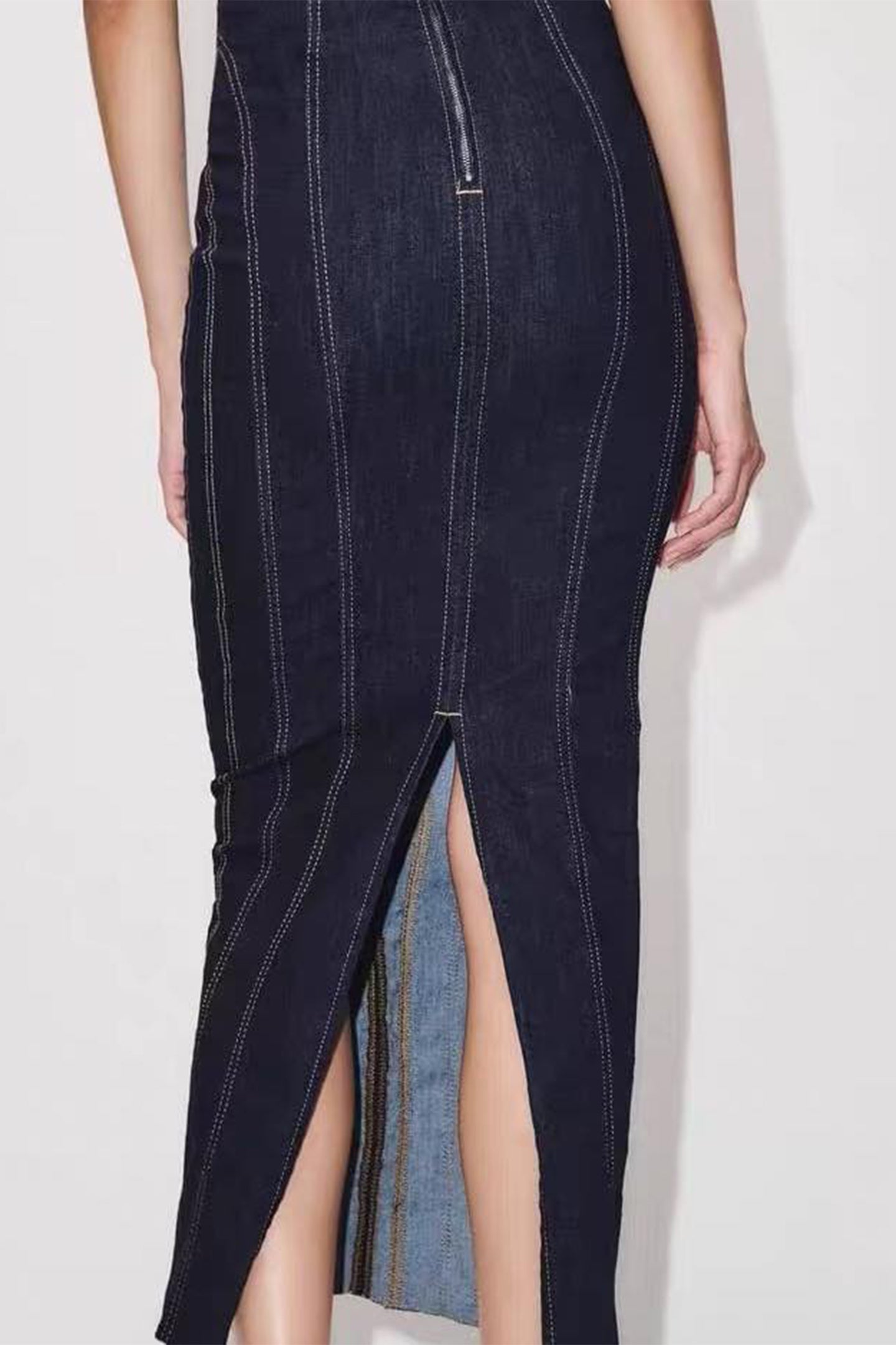 Arlene Strapless Back Slit Denim Maxi Dress
