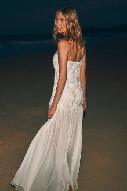 Andrea Floral Applique Pleated Chiffon Maxi Dress