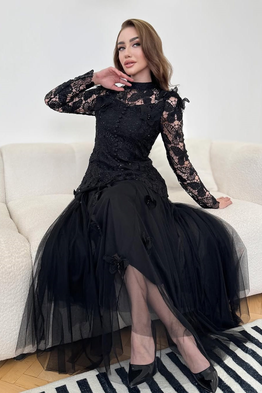 Elizabeth Butterfly Embroidered Lace Maxi Dress