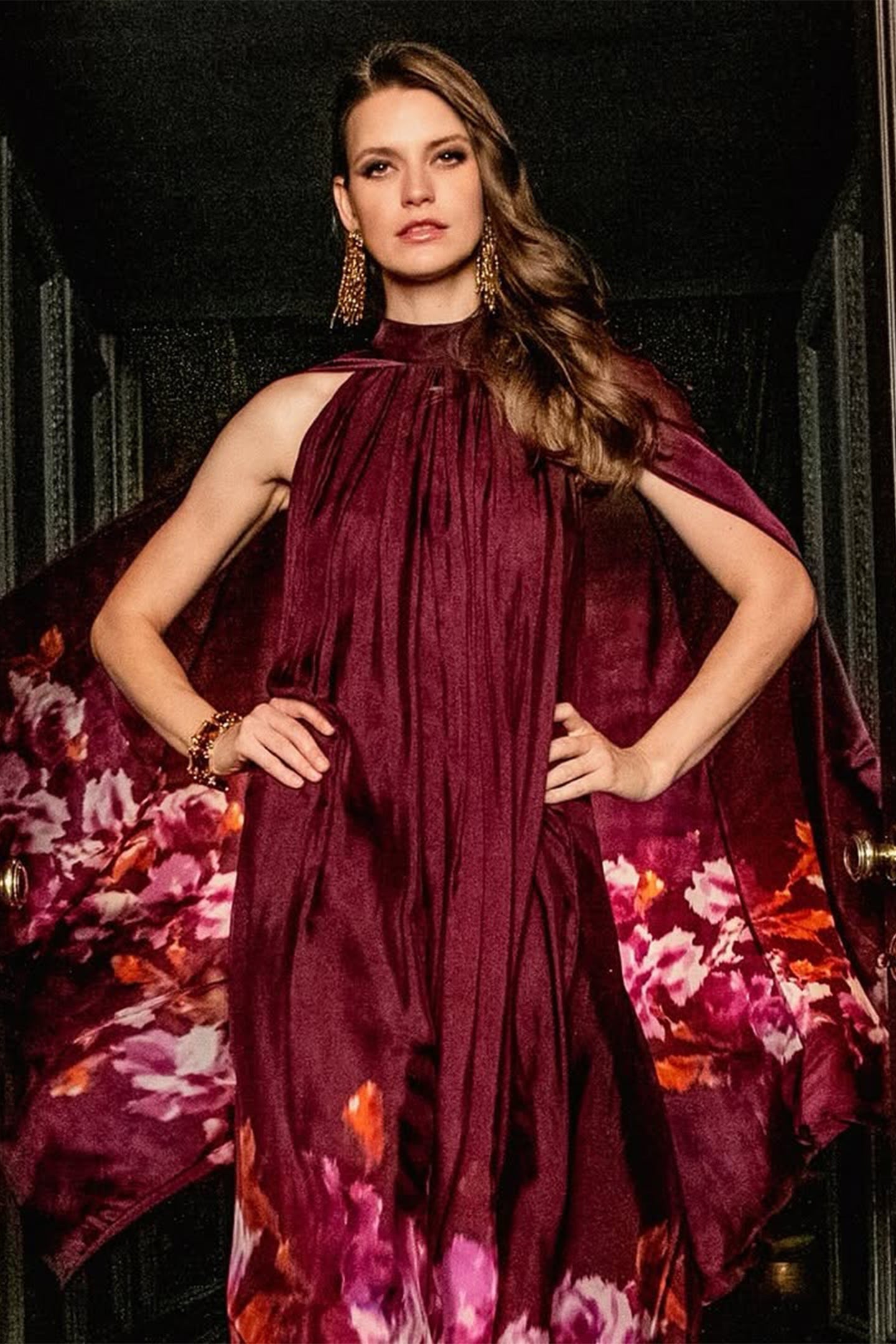 Sabrina Floral Printed Cape Sleeve Maxi Dress