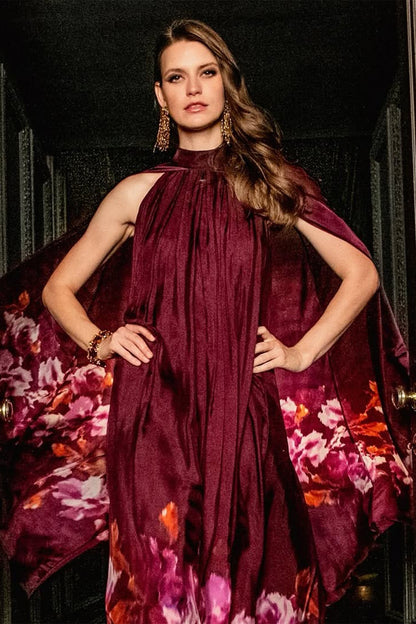 Sabrina Floral Printed Cape Sleeve Maxi Dress