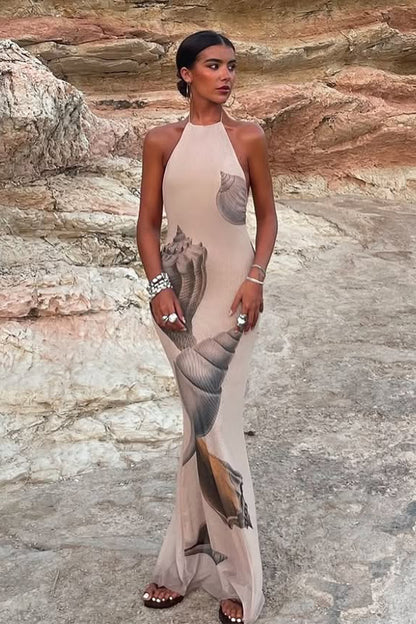 Octavia Shell Print Halterneck Maxi Dress