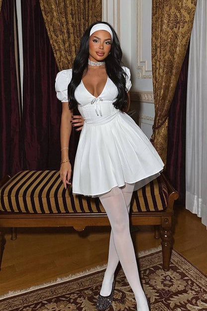 Stephanie Puff Sleeve Plunge Neck Mini Dress
