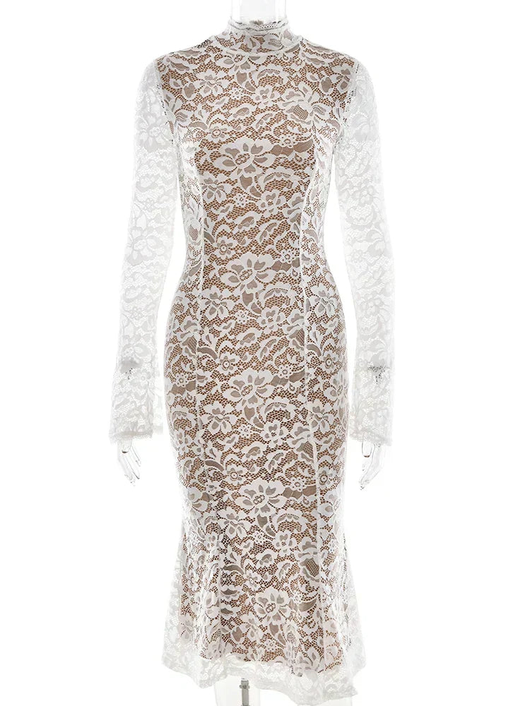 Floral Lace Mock Neck Long Sleeve Trumpet Hem Midi Dress
