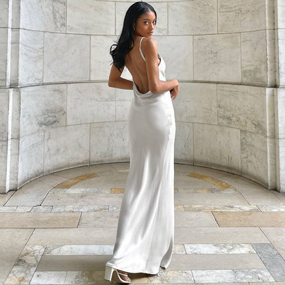 Cowl Neck Spaghetti Strap Draped Side Slit Satin Maxi Dress