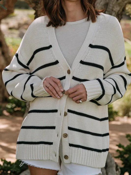 Striped V-Neck Knit Cardigan