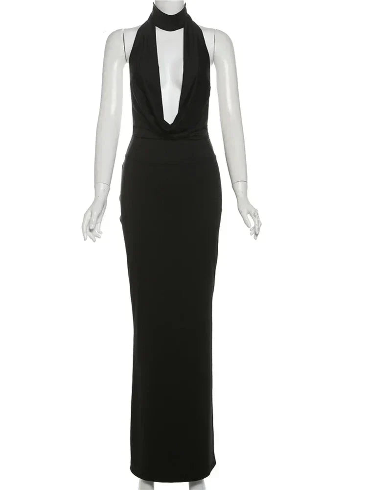 Halter Plunging Cowl Backless High Slit Maxi Dress