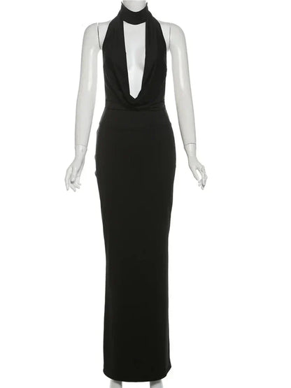 Halter Plunging Cowl Backless High Slit Maxi Dress
