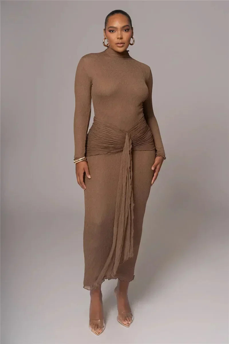Mock Neck Long Sleeve Textured Knit Waist Tie Two Piece Set