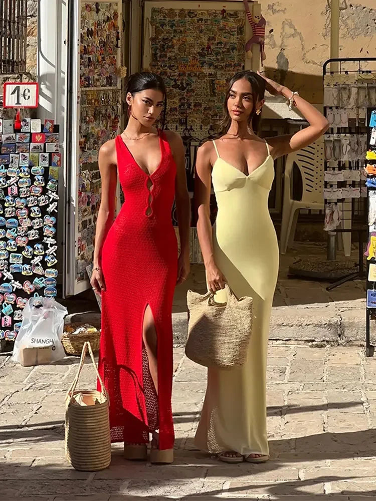 Women Sexy Crochet Knitted Dress Fashion Hollow Out Solid V-neck Sleeveless Splited Bodycon Robe Female Chic Beach Vestidos