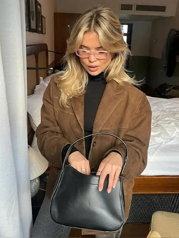 Woman Fashion Brown Lapel With Pocket Jacket Vintage Single Breasted Long Sleeve Short Coat Autumn Lady High Street Outerwear