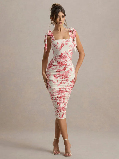 Floral Print Square Neck Tie Shoulder Strap All-Over Ruched Bodycon Midi Dress