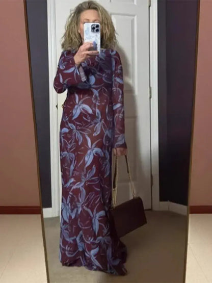 Retro Printed O-neck Holiday Dress Women Elegant Full Sleeve Waist-cinching Long Dresses Female 2025 Summer Chic Street Vestidos