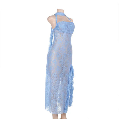 Sheer Lace Halter Neck Scarf Tie Open Back Side Slit Ruffle Hem Maxi Dress