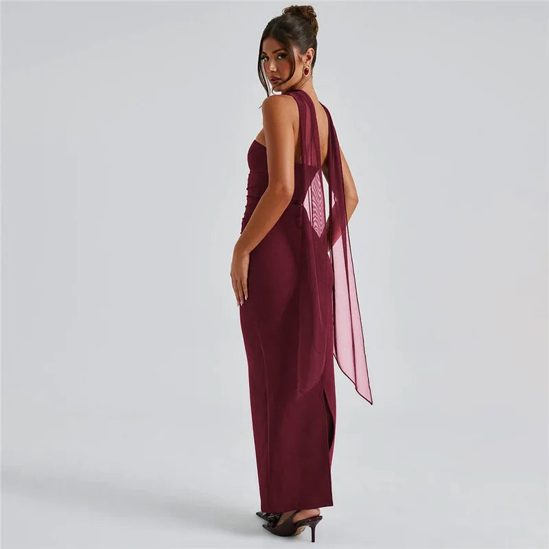 Strapless Ruched Waist Mesh Glove Bodycon Maxi Dress