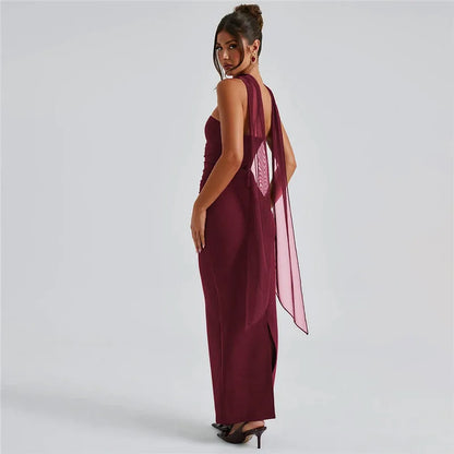Strapless Ruched Waist Mesh Glove Bodycon Maxi Dress