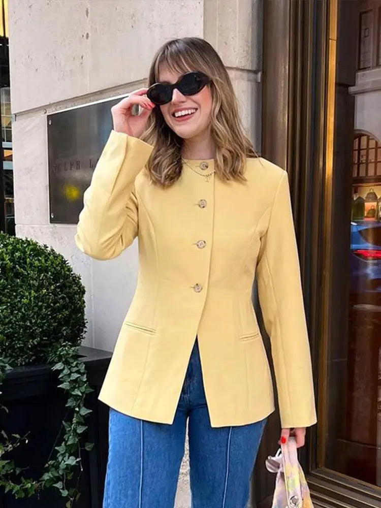 Fashion Solid Office Coats Women Casual O Neck Long Sleeve Pockets Single Breasted Female Jackets 2024 Autumn Elegant Lady Tops