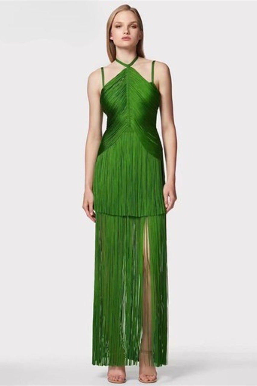 Phoebe Halter Fringed Maxi Dress