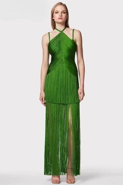 Phoebe Halter Fringed Maxi Dress