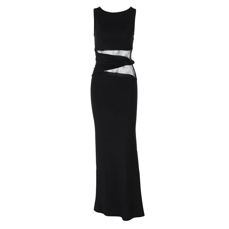 One Shoulder Lace Panel Waist Cutout Bodycon Maxi Dress