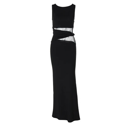 One Shoulder Lace Panel Waist Cutout Bodycon Maxi Dress