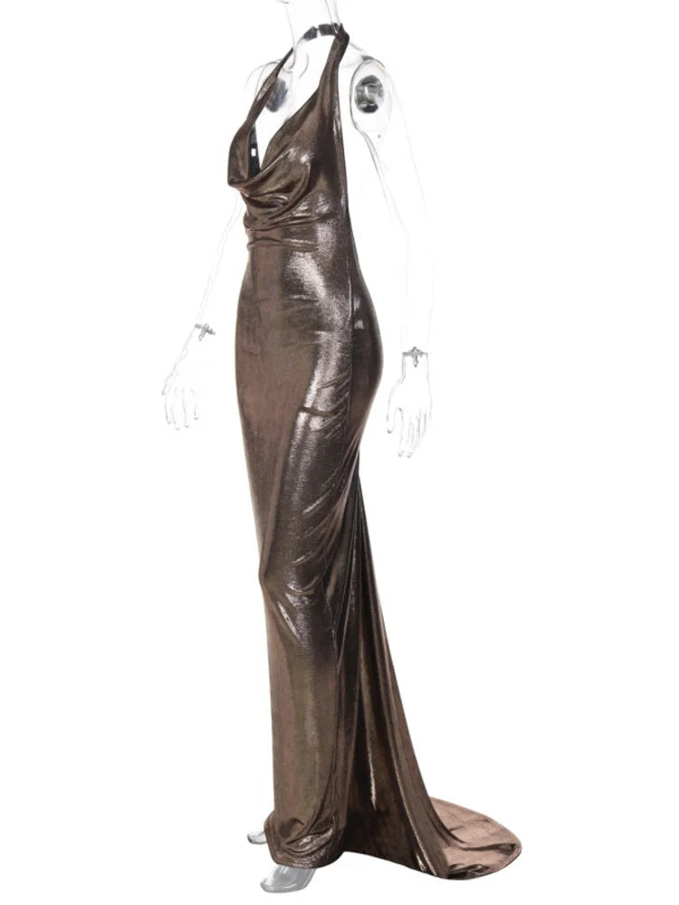 Halter Deep V Neck Metallic Shimmer Fishtail Maxi Gown