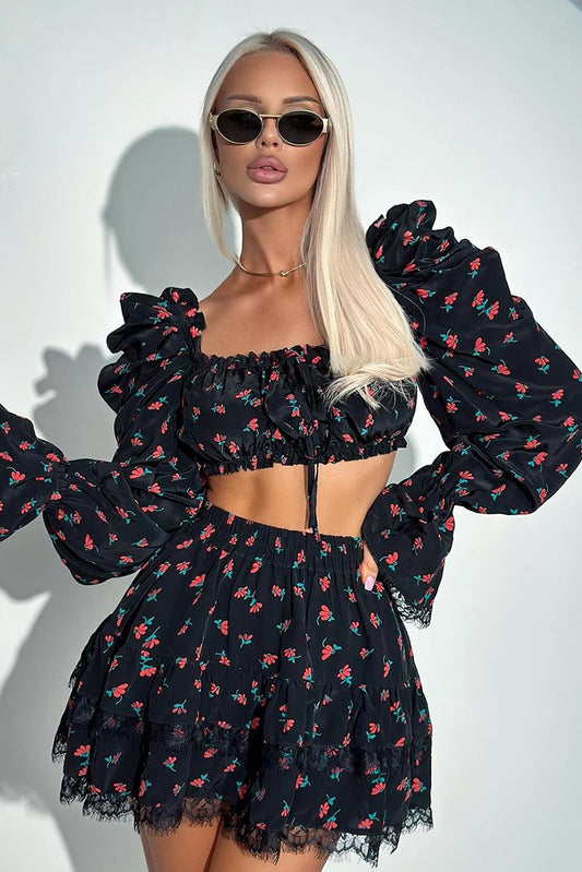 Ella Floral Print Puff Sleeve Mini Skirt Set