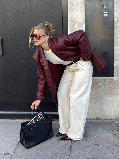 Chic New Lapel Solid Color Women's Jacket Casual Pocket Long Sleeved Single Breasted Coat Autumn Versatile High Streetwear