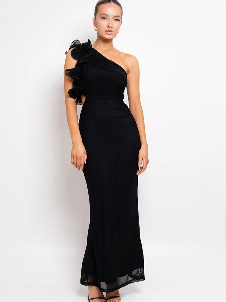 One-Shoulder Floral Ruffle Strap Ruched Side Cutout Mermaid Maxi Dress