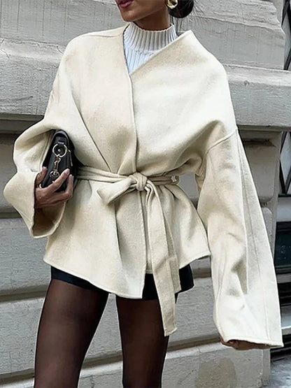 Elegant Lace Up Coat For Women V-neck Long Sleeve Slim Jacket Cardigan 2025 Autumn Winter Lady Streetwear Outwear New In Coats
