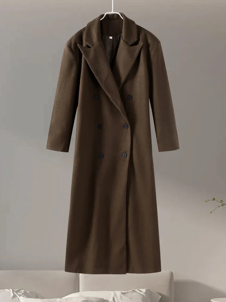 Casual Brown Wool Long Coats for Women Loose Turn Down Collar Double Breasted Female Overcoat Autumn Winter Street Lady Outwear