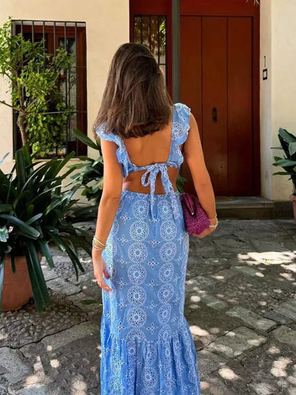 Blue Hollow Out Embroidered Midi Dress Women Summer New V Neck Sleeveless Ruffle Long Dresses Elegant Fashion Holiday Vestidos