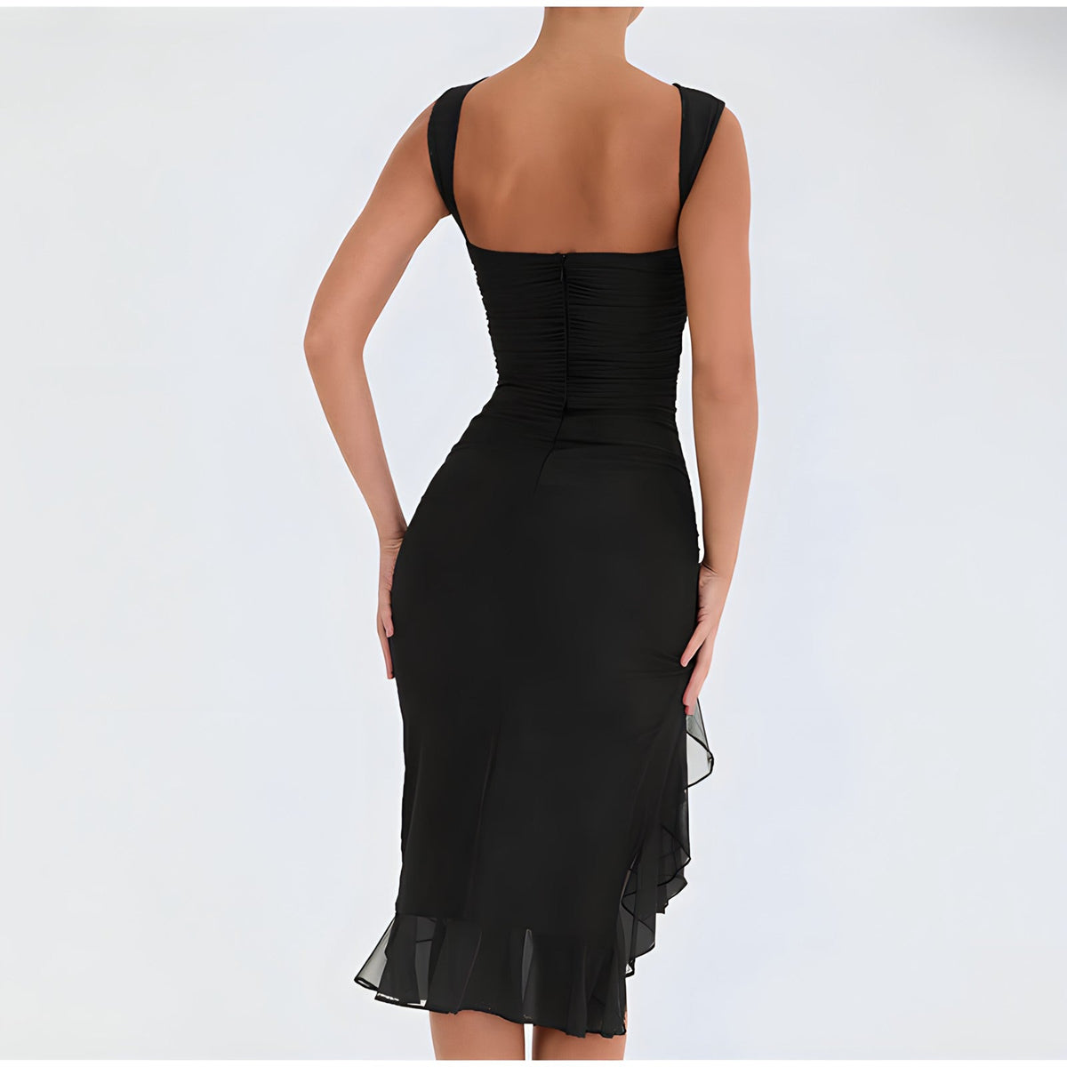 Ruched Crew Neck High Split Ruffle Hem Bodycon Midi Dress