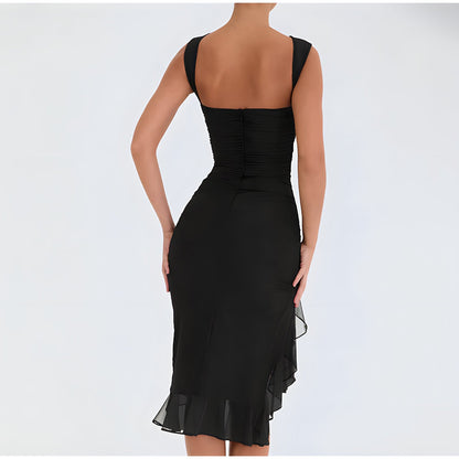Ruched Crew Neck High Split Ruffle Hem Bodycon Midi Dress