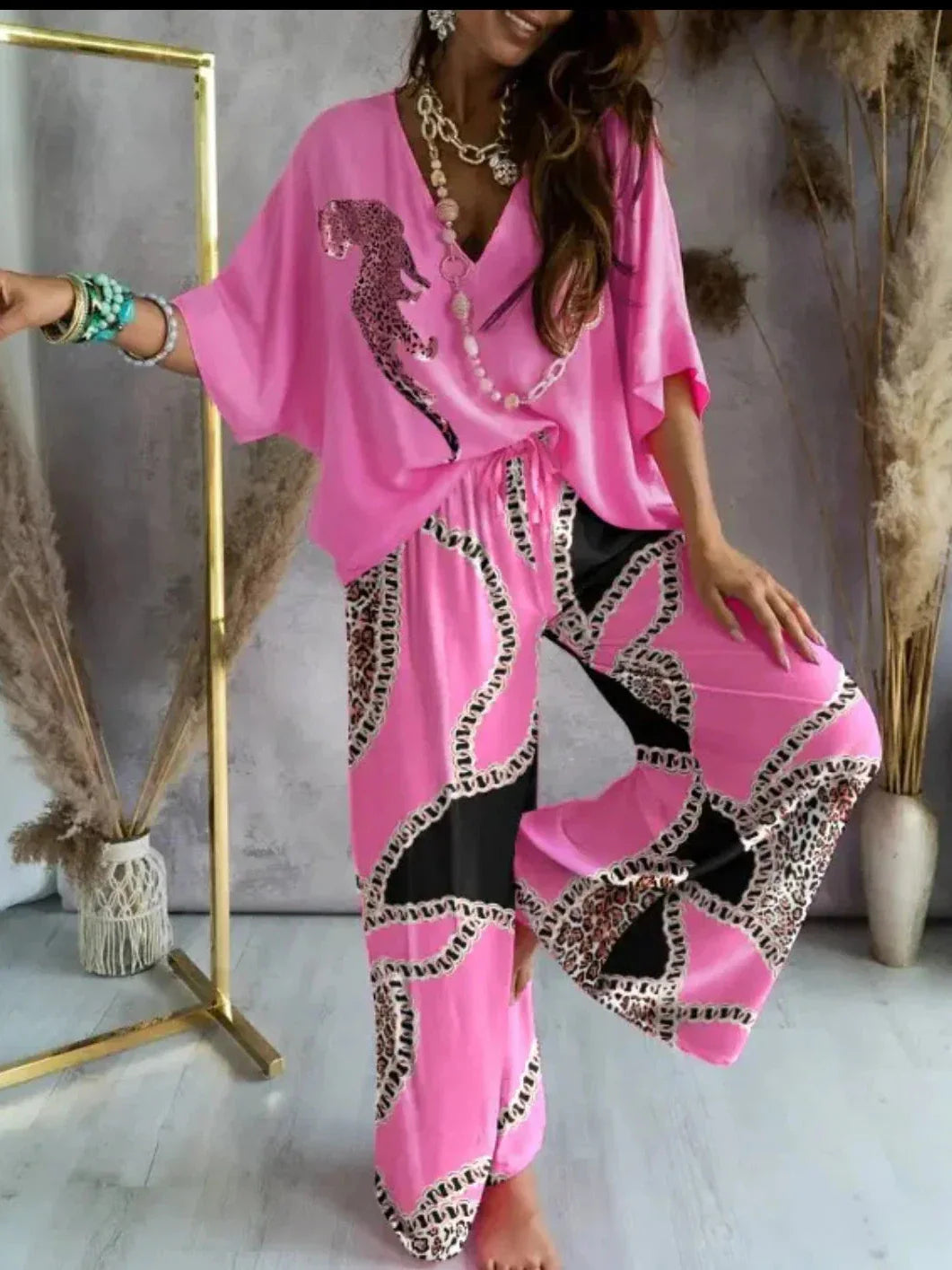 Printed V Neck Oversized Top & Pants Coord Set