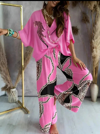 Printed V Neck Oversized Top & Pants Coord Set
