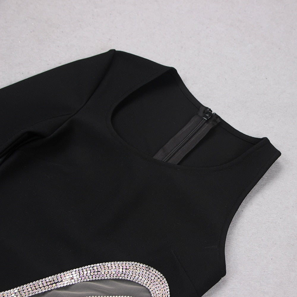 One Shoulder Single Sleeve Crystal Wave Cutout Mesh Insert High Slit Mini Dress